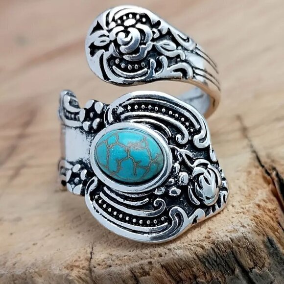Boho Rose and Flowers with Faux Turquoise Adjustable Spoon Ring #1221 - Picture 3 of 16